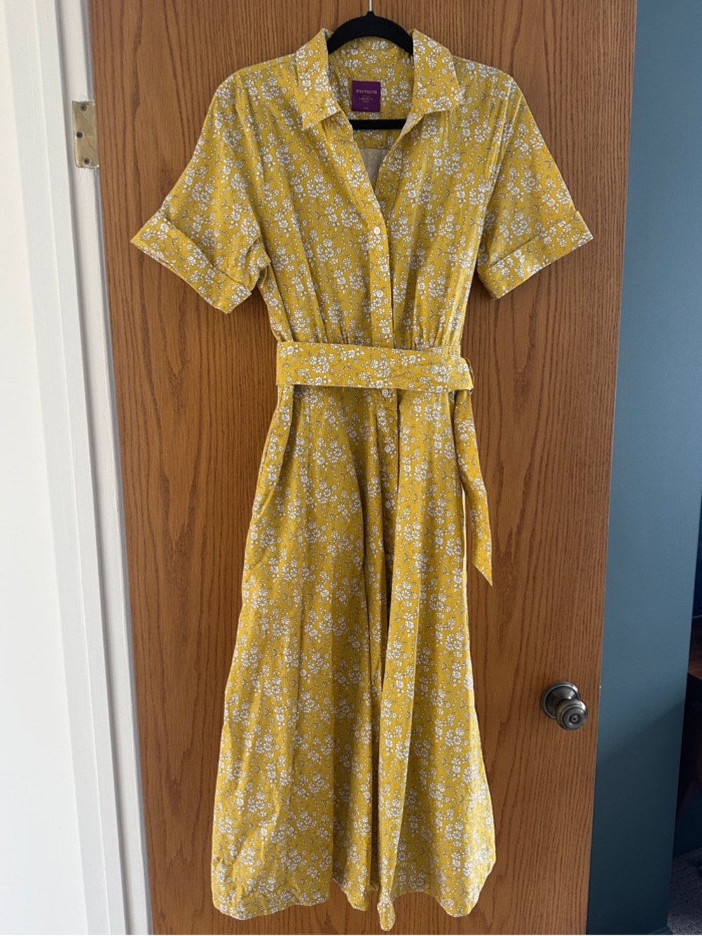 Liberty of London for Simons Yellow Floral Midi Dress with Belt & Pockets